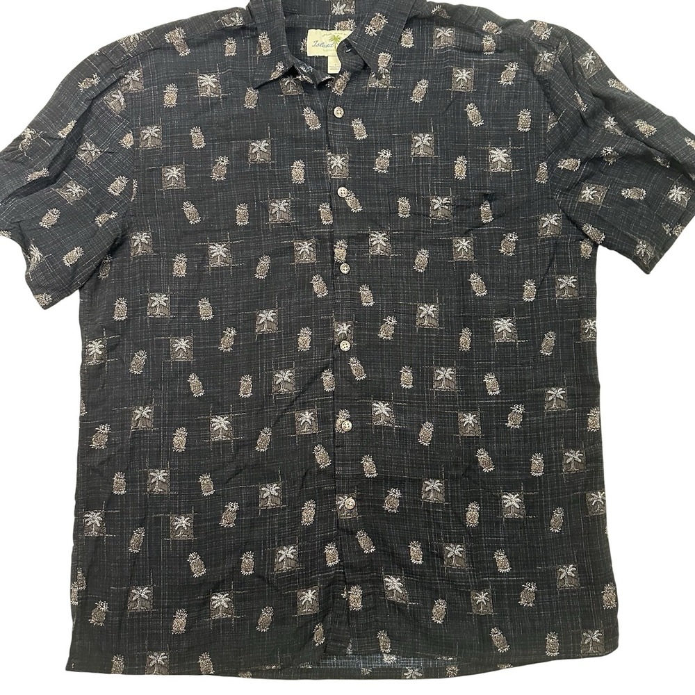 Island Shores Mens Black Pineapple Palm Tree Rayon Short Sleeve Button Down L